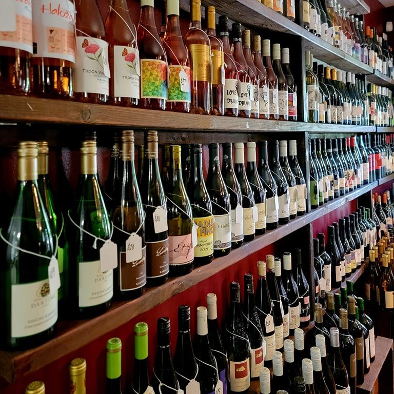 Wine shelf at Mudgie's